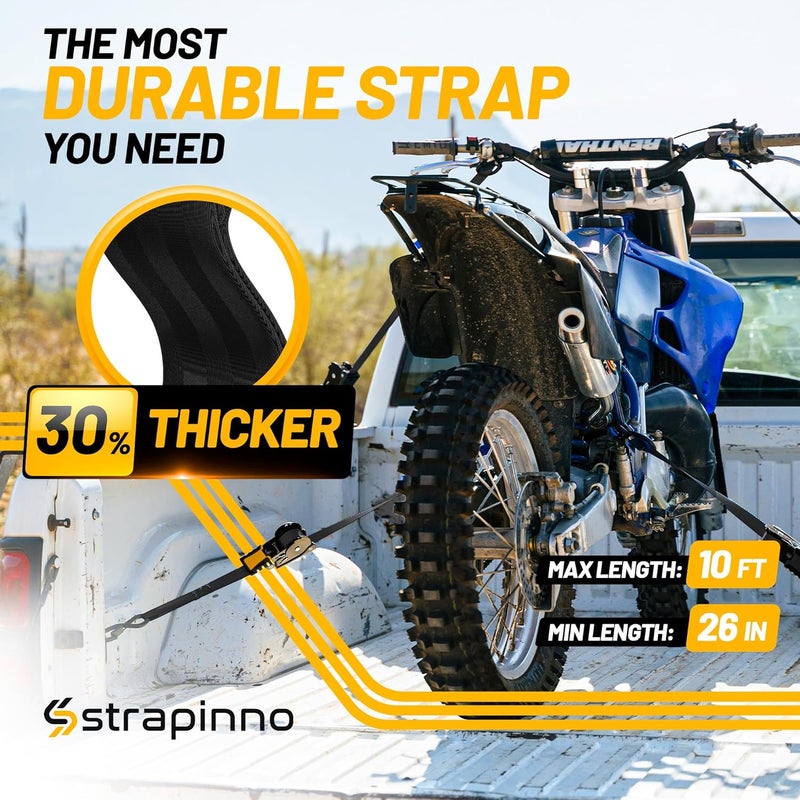 Strapinno Retractable Ratchet Straps 1 in x 10 ft, Secure Tie-Downs with Rubber-Coated Steel Handles, for Motorcycle, Jetski, Kayak, Breaking Strength 1,500LBS/680KG (Black Strap, Black Coated) - Image 3